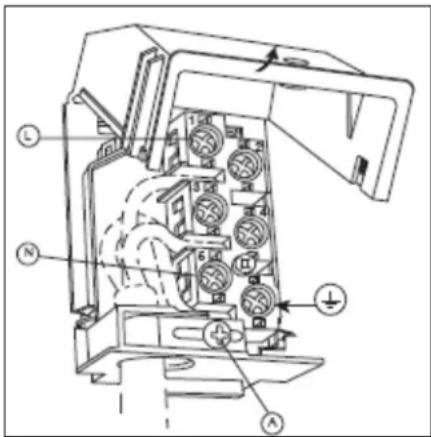 Technical diagram of an electrical switchgear with labeled components and directional arrows indicating flow or movement.