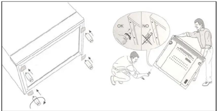 Diagram illustrating appliance repair or cleaning process with labeled parts and warning signs