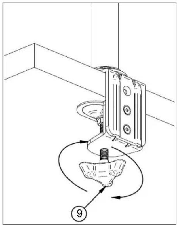 Technical diagram showing a mechanical assembly with labeled component 9 and directional arrows indicating motion or flow.