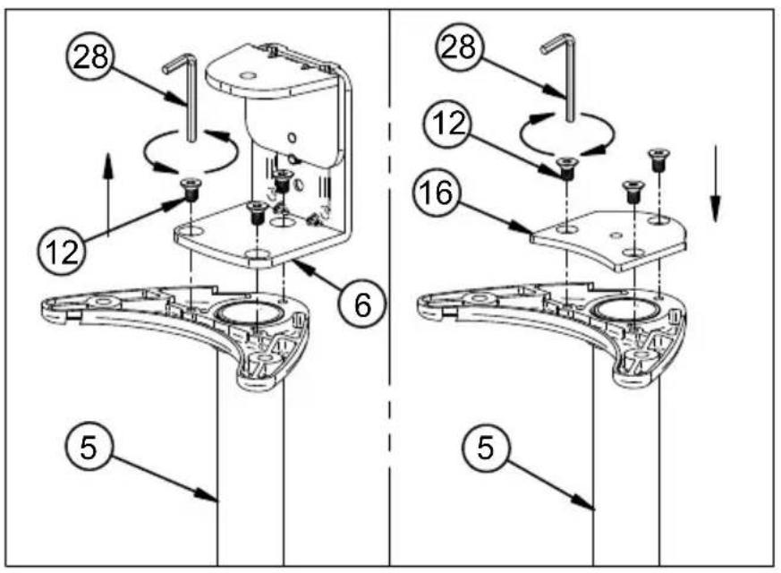 Technical diagram showing exploded view of a mechanical assembly with numbered components and directional arrows indicating motion or assembly.
