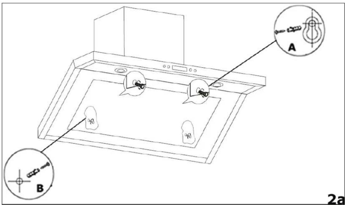 Technical diagram of a ceiling-mounted device with labeled components A and B, showing internal components and mounting points.