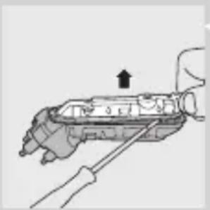 Illustration of a hand holding a mechanical device with a tool, no visible text or symbols