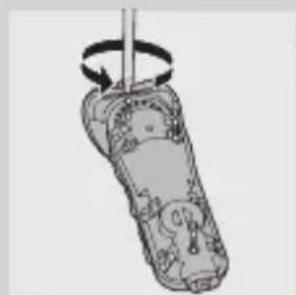 Illustration of a handheld device with a rotating arm and handle (no text or symbols)