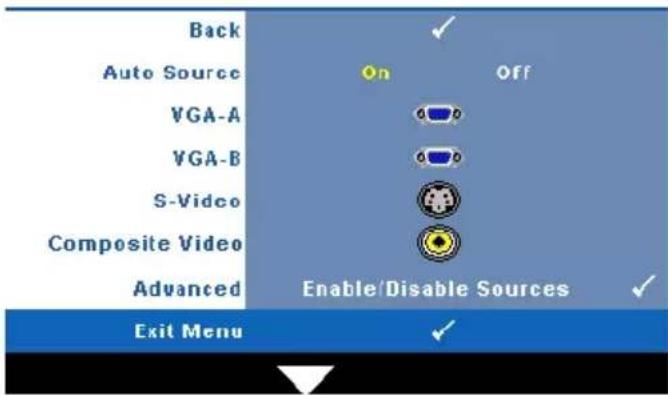 Back Auto Source On Off VGA-A VGA-B S-Video Composite Video Advanced Enable/Disable Sources Exit Menu