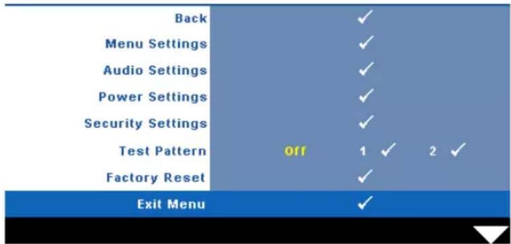 Back Menu Settings Audio Settings Power Settings Security Settings Test Pattern Factory Reset Off 1 ✓ 2 ✓ Exit Menu