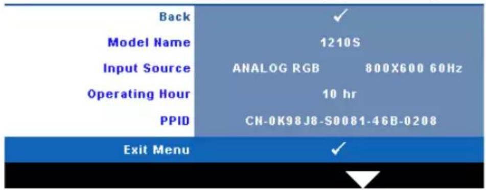 Back Model Name 1210S Input Source ANALOG RGB 800X600 60Hz Operating Hour 10 hr PPID CN-0K98J8-S0081-46B-0208 Exit Menu