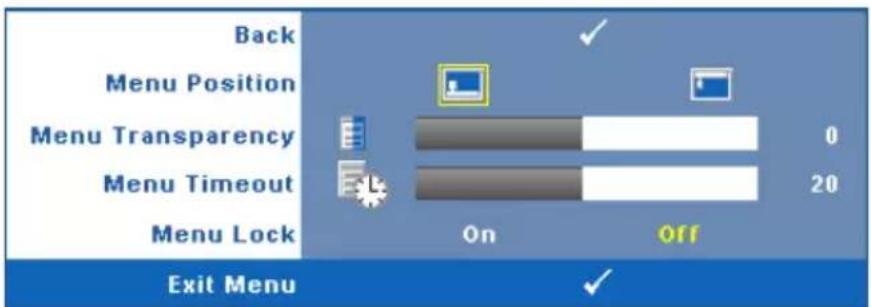 Back Menu Position Menu Transparency Menu Timeout Menu Lock On Off 0 20 Exit Menu