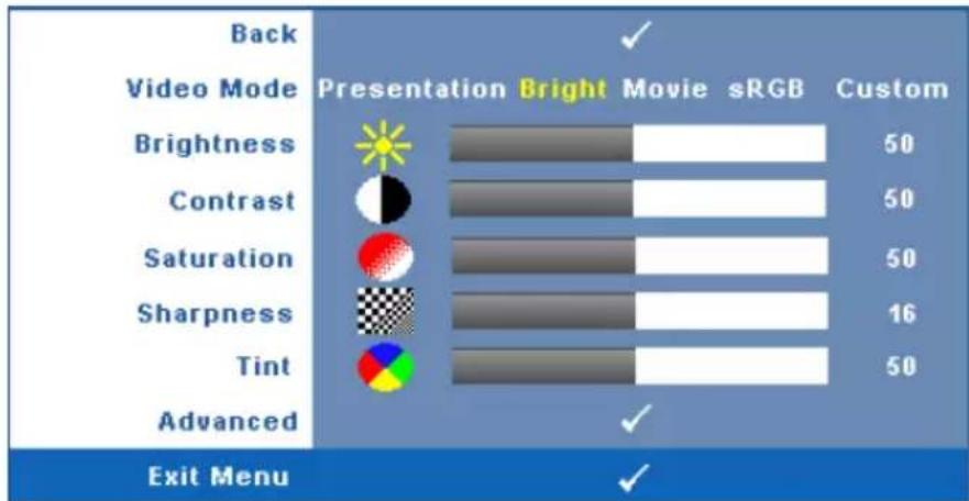 Back Video Mode Presentation Bright Movie sRGB Custom Brightness Contrast Saturation Sharpness Tint Advanced Exit Menu