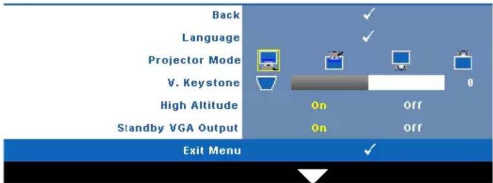 Back Language Projector Mode V. Keystone High Altitude Standby VGA Output On Off On Off Exit Menu