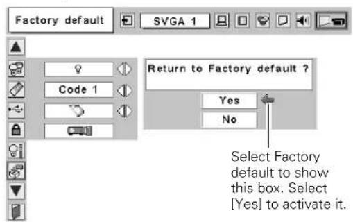 Factory default Code 1 Return to Factory default ? Yes No Select Factory default to show this box. Select [Yes] to activate it.
