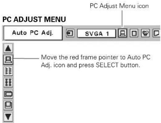 PC ADJUST MENU Auto PC Adj. PC Adjust Menu icon Move the red frame pointer to Auto PC Adj. icon and press SELECT button.