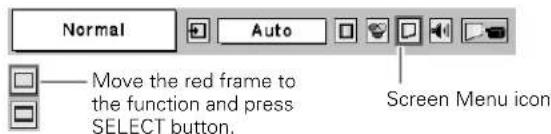 Normal Auto Move the red frame to the function and press SELECT button. Screen Menu icon