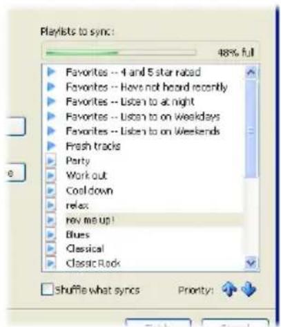 Playlists to sync: 48% full Favorites -- 4 and 5 star rated Favorites -- Have not heard recently Favorites -- Listen to at night Favorites -- Listen to on Weekdays Favorites -- Listen to on Weekends Fresh tracks Party Work out Cool down relax rev me up! Blues Classical Classic Rock Shuffle what sync Priority: