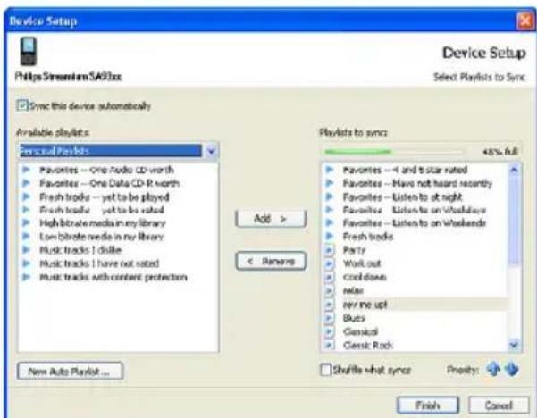 Device Setup Https Simulation.SADlxx Sync this device automatically Available playlists: Personal Playlists Favorites -- One Radio CD worth Favorites -- One Data CD-R worth Fresh tracks -- yet to be played Fresh tracks -- yet to be rated High bitrate medium in my library Low bitrate media in my library Music tracks I grille Music tracks I have not rated Music tracks with content protection Add > < Remove Playlists to sync 48% full Favorites -- 4 and 5 star rated Favorites -- Have not heard recently Favorites -- Listens to at night Favorites -- Listens on Weekdays Favorites -- Listens on Weekends Fresh tracks Parity Work out Cooldowns relax rev me up! Blues Genetic Genic Rock New Auto Playlist ... Shuffle what sync Priority: Finish Cancel