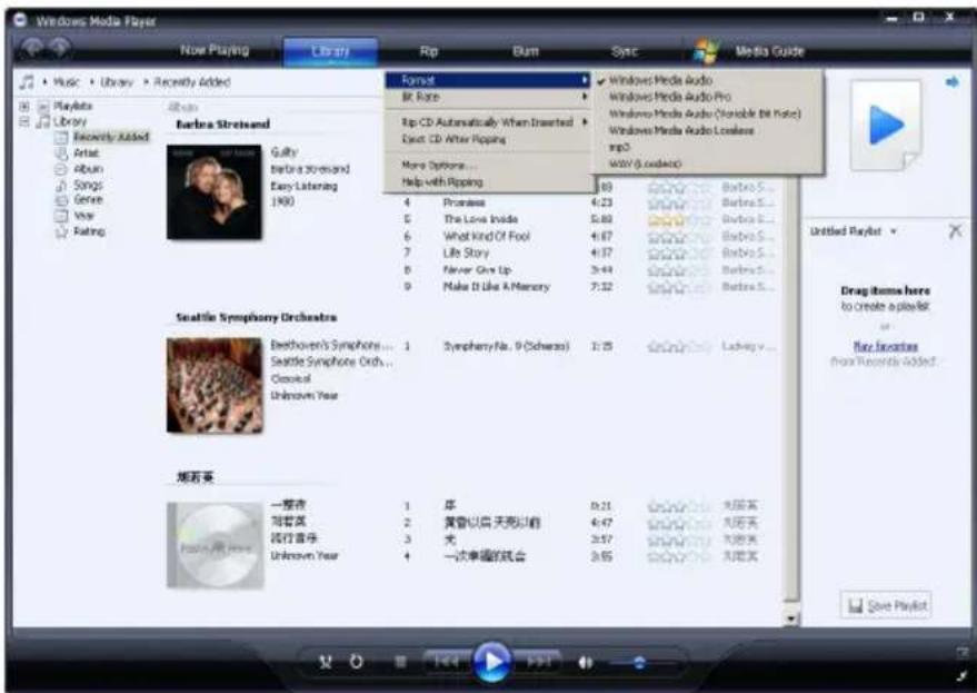 Windows Media Player Now Playing Library Rp Burn Sync Media Guide Music + Library + Recently Added Playable Library Recently Added Artist Album Songs Genre Vice Rating Barbra Streetsand Gully Before 30 seconds Easy Listening (190) Format Bit Rate Up CD Automatically When Inserted Next CD After Ripping More Options... Help with Ripping 4 Princess 5 The Love Inside 6 What Kind Of Fool 7 Life Story 8 Never Give Up 9 Make It Like A Memory 80 Windows Media Audio Windows Media Audio Pro Windows Media Audio (Variable Bit Rate) Windows Media Audio Wireless mp3 Wary (audience) Seattle Symphony Orchestra Beethoven's Symphony ... Seattle Symphony Ord ... Clerical Unknown Year Syphony No. 9 (Schwarz) 3:25 2023/2024 Laherty v... 旭莉英 一音乐 刘雪英 流行音乐 Unknown Year 1 序 2 黄音以后天亮以前 3 无 4 一次串播的场合 0:21 0:47 0:57 0:65
