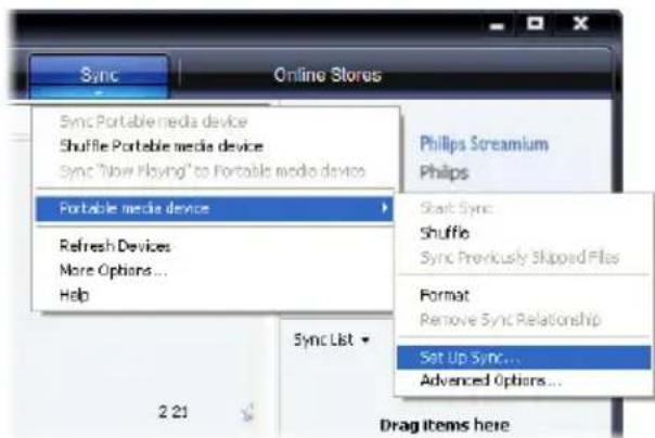 Sync Online Stores Sync Portable media device Shuffle Portable media device Sync "Now Playing" to Portable media devices Portable media device Refresh Devices More Options... Help 2 21 Sync List Philips Screamium Philips Start Sync Shuffle Sync Previously Skipped Files Format Remove Sync Relationship Set Up Sync... Advanced Options... Drag items here