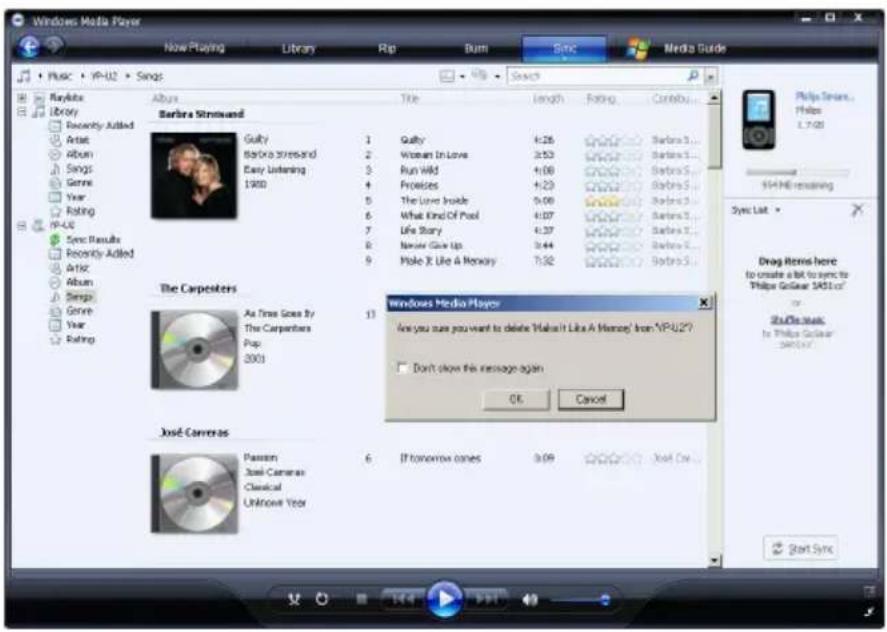 Windows Media Player Now Playing Library Rip Burn Sync Media Guide Music • YP-U2 • Sings Playable Library Recently Added Artist Album Songs Genre Year Rating YP-U2 Sync Results Recently Added Artist Album Songs Genre Year Rating Barbra Strmoward Gulty Barbra Strmoward Easy Listening 1900 1 Guilty Wisean In Love 3:53 Run Wild 4:08 Proceses 4:23 The Love Inside 5:08 What Kind Of Pool 6:07 Life Story 6:37 Never Give Up 7:44 Make X Like A Memory 7:92 Barbra S... Barbra S... Barbra S... Barbra S... Barbra S... Barbra S... Barbra S... Barbra S... The Carpesters As Time Goes By The Carpenters Pop: 2001 11 Windows Media Player Are you sure you want to delete 'Make It Like A Memory' from 'YP-U2' Don't show this message again OK Cancel José Cameras Passion José Cameras Classical Unknown Year 6. If tomorrow comes 9:09 Joel Cw... Start Sync