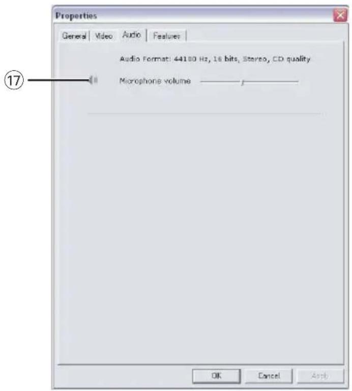 Properties General | Video | Audio | Features | Audio Format: 44180 Hz, 16 bits, Stereo, CD quality Microphone volume ———— OK Cancel Apply