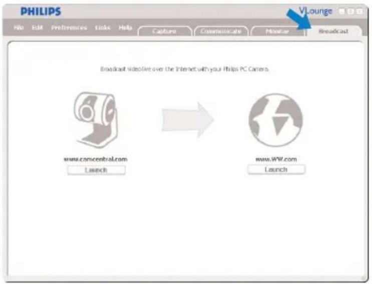 PHILIPS File Edit Preferences Links Help Capture Communicate Minorer Broadcast V Lounge Broadcast video file over the Internet with your Philips PC Camera. www.comcentral.com Launch www.WW.com Launch