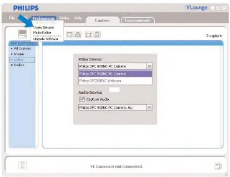 PHILIPS File Edit Preferences Links Help Capture Communicate VLounge Video Device Media Folder Upgrade Software MY CAPTURES All Captures Images Video Follows Video Device Philips SPC 900MC PC Camera Philips SPC 900MC PC Camera Philips SPC500NC Webcam Audio Device Capture Audio Philips SPC 900MC PC Camera, Au PC Camera is not connected.