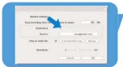 Monitor settings Stop recording when the location is below 50 Mb Notification Direct to: www.natg.com Play out audio file: C:\Users\My Documents\Storage Sensitivity: 0 - 100 Cancel OK