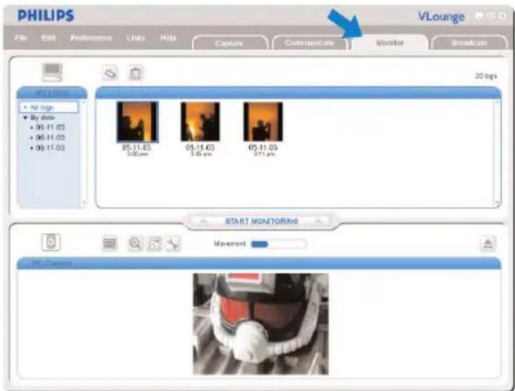 PHILIPS V Lounge File Edit Production Links Hub Capture Communicate Monitor Broadcast All logs By date 05-11-02 06-11-02 09-11-03 05-11-03 3:30 fps 05-11-03 3:6 fps 05-11-03 3:11 fps 3D logs START MONITORNO Movement VC Comment