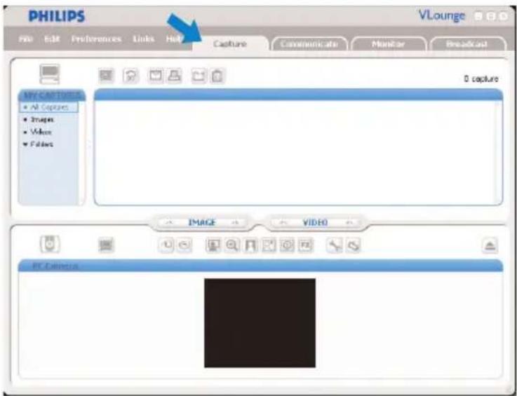 PHILIPS V Lounge File Edit Preferences Links Help Capture Communicate Monitor Broadcast MY-CARTUER All Captures Images Values Fabies 0 capture IMAGE VIDEO PC Camera