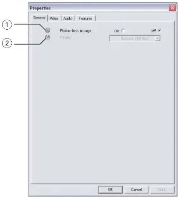 Properties General | Video | Audio | Features | 1 2 Flickerless image Region On Off Europe (50 Hz) OK Cancel Apply