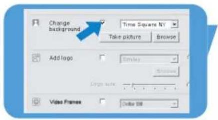 Change background Time Square NY Take picture Browse Add logo Emilex Remove Video frame Delete 100