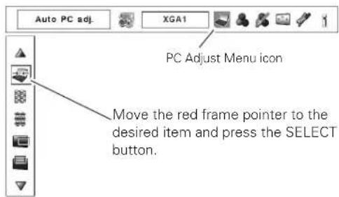 Auto PC adj. XGA1 PC Adjust Menu icon Move the red frame pointer to the desired item and press the SELECT button.