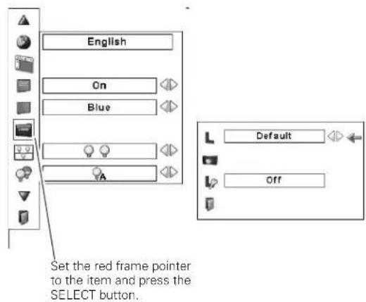 English On Blue Set the red frame pointer to the item and press the SELECT button. Default off