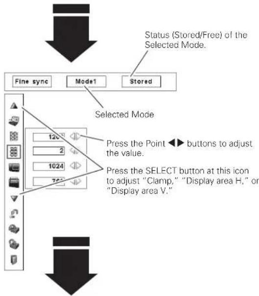 Status (Stored/Free) of the Selected Mode. Fine sync Mode1 Stored Selected Mode Press the Point ▶ buttons to adjust the value. Press the SELECT button at this icon to adjust "Clamp," "Display area H," or "Display area V."