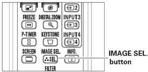 FREEZE DIGITAL ZOOM INPUT3 P-TIMER KEYSTONE INPUT4 SCREEN IMAGE SEL INFO. FILTER IMAGE SEL. button