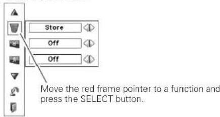 Store Off Off Move the red frame pointer to a function and press the SELECT button.