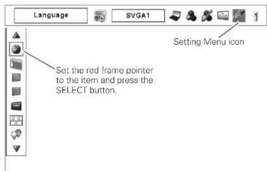 Language SVGA1 Setting Menu icon Set the red frame pointer to the item and press the SELECT button.