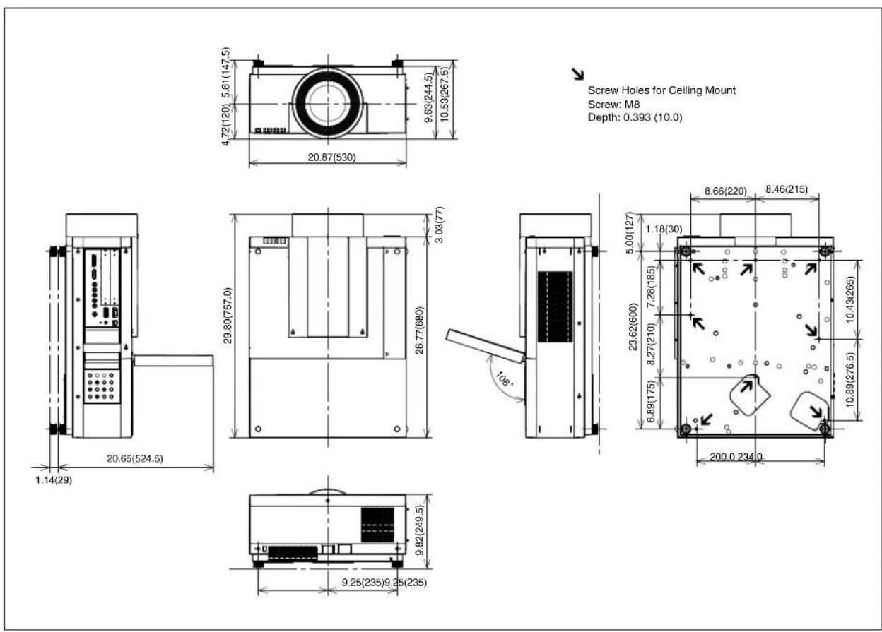 Screw Holes for Ceiling Mount Screw: M8 Depth: 0.393 (10.0) 4.72(120) 5.81(147.5) 9.63(244.5) 10.53(267.5) 20.87(530) 29.80(757.0) 26.77(680) 3.03(77) 108 20.65(524.5) 1.14(29) 9.82(249.5) 9.25(235)9.25(235) 8.66(220) 8.46(215) 1.18(30) 5.00(127) 7.28(185) 8.27(210) 6.89(175) 10.43(265) 10.89(276.5) 200.0 234.0