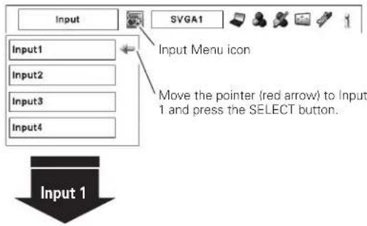 Input Input1 Input2 Input3 Input4 Input Menu icon Move the pointer (red arrow) to Input 1 and press the SELECT button. Input 1