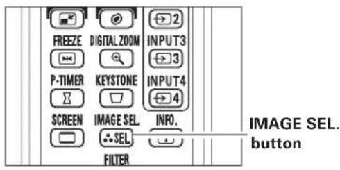 FREEZE DIGITAL ZOOM INPUT3 P-TIMER KEYSTONE INPUT4 SCREEN IMAGE SEL INFO. SEL FILTER IMAGE SEL. button