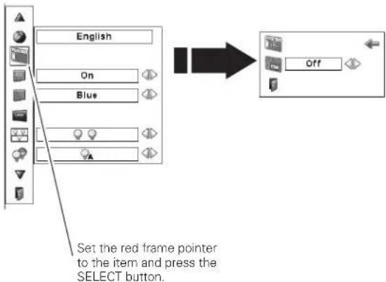 English On Blue Set the red frame pointer to the item and press the SELECT button. Off
