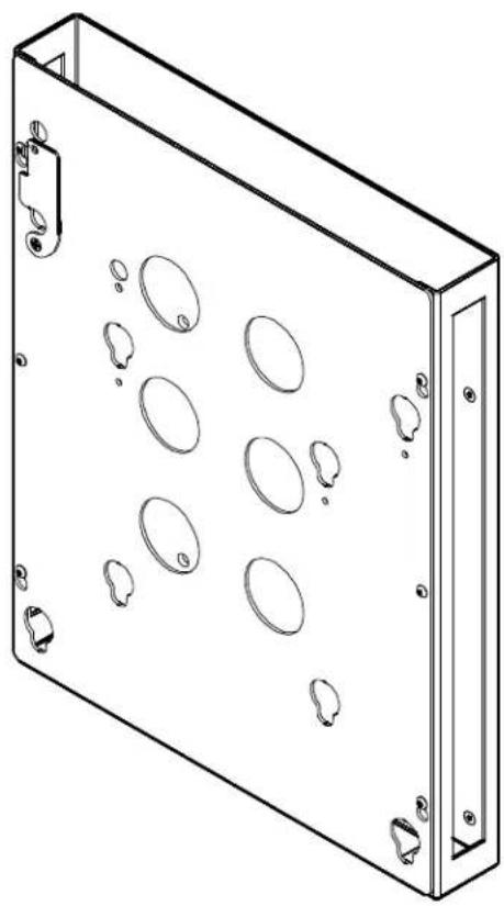 Technical line drawing of a rectangular enclosure with circular cutouts and mounting holes (no text or symbols)