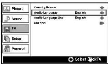 Picture Sound TV Setup Parental Country France Audio Language English Audio Language 2nd English Channel Select BackTV