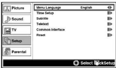Picture Sound TV Setup Parental Menu Language English Time Setup Subtitle Teletext Common Interface Reset Select BackSetup