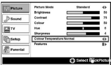 Picture Sound TV Setup Parental Picture Mode Standard Brightness 50 Contrast 75 Colour 50 Hue 0 Sharpness 4 Colour Temperature Normal Features Select BackPicture