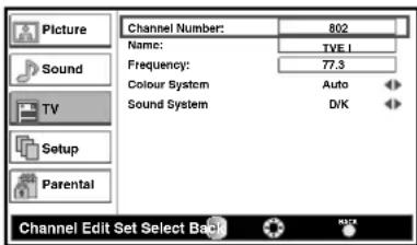 Picture Sound TV Setup Parental Channel Number: 802 Name: TVE.1 Frequency: 77.3 Colour System Auto Sound System D/K Channel Edit Set Select Back