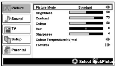 Picture Mode Standard Brightness 50 Contrast 75 Colour 50 Hue 0 Sharpness 4 Colour Temperature Normal Features Select BackPicture