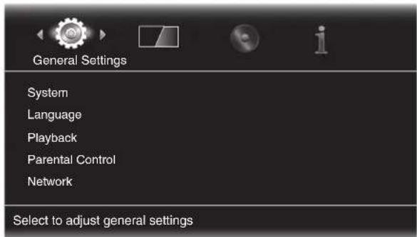 General Settings System Language Playback Parental Control Network Select to adjust general settings