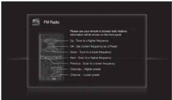 FM Radio Please use your remote to browse radio stations. Information will be shown on the front panel. Up - Tune to a higher frequency OK - Set current frequency as a Preset Down - Tune to a lower frequency Next - Scan to a higher frequency Previous - Scan to a lower frequency Channel+ - Higher pre…