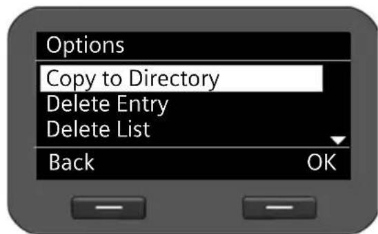 Options Copy to Directory Delete Entry Delete List Back OK