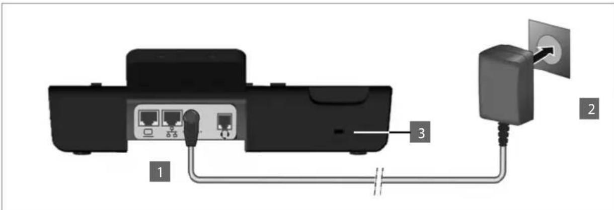 Diagram showing connection between a device with labeled ports and a plug, marked with numbers 1, 2, and 3.