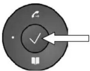 Close-up of a circular device control knob with checkmark and directional arrow, likely for app or settings management.